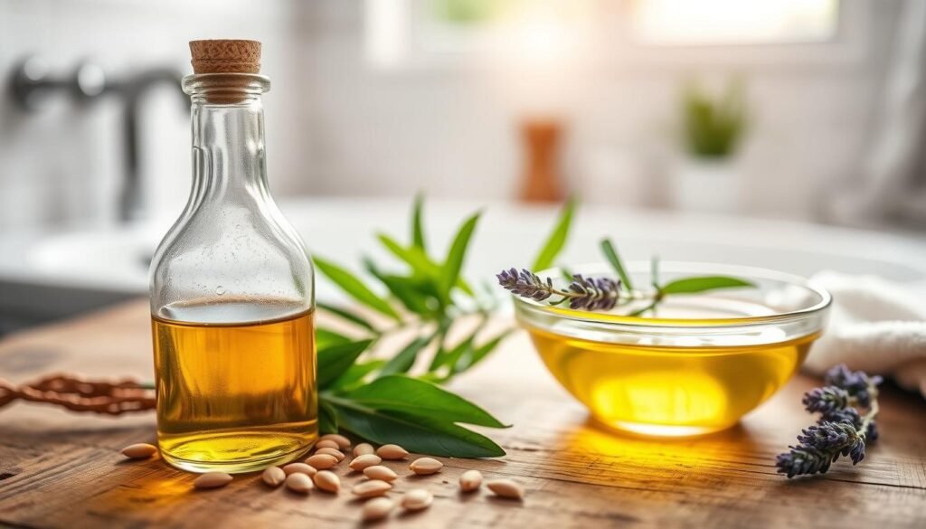 A beautifully arranged composition showcasing the uses of jojoba oil, emphasizing its benefits for skin and hair. In the foreground, a glass bottle filled with golden jojoba oil sits gracefully on a rustic wooden surface, with a few fresh jojoba seeds scattered nearby. In the middle ground, a soft focus reveals a small bowl of jojoba oil with lush green leaves and a delicate sprig of lavender accentuating the scene. The background features a serene bathroom setting, with blurred natural light streaming through a window, creating an inviting and soothing atmosphere. The image should evoke a sense of natural wellness, integrating elements that highlight the oil’s versatility and connection to beauty and health. Use warm, soft lighting to enhance the inviting mood.