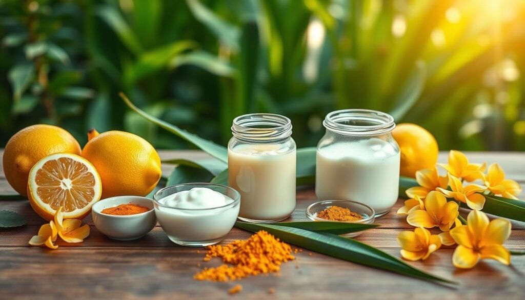 A beautifully arranged flat lay of natural skin care ingredients for skin brightening, featuring vibrant yellow lemons, creamy yogurt, fresh green aloe vera leaves, and delicate orange blossoms. The foreground shows an elegant wooden table topped with these ingredients, with small bowls filled with honey and turmeric powder artfully placed nearby. In the middle, a softly lit glass jar contains a mixture of the ingredients, emphasizing a fresh and organic feel. The background includes lush greenery and soft-focus, sunlit surroundings to create an uplifting and serene atmosphere. The lighting is warm and natural, highlighting the textures and colors of the ingredients, with a slight depth of field to draw focus to the main elements. Overall, the image conveys a sense of purity, natural beauty, and wellness.
