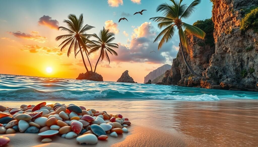 A breathtaking coastal landscape showcasing vibrant turquoise waters gently lapping against golden sandy beaches. In the foreground, clusters of colorful seashells and smooth pebbles create a captivating detail. The middle ground features tall palm trees swaying in a soft breeze, their fronds silhouetted against a brilliant sunset, casting warm hues of orange, pink, and purple across the sky. In the background, majestic cliffs rise above the shoreline, adorned with lush greenery and dotted with seagulls soaring majestically. The scene is bathed in soft, golden hour light, evoking a serene and tranquil mood. The angle captures both the expansiveness of the ocean and the intimacy of the shoreline. This picturesque arrangement encapsulates the beauty of coastal regions and breathtaking maritime views.