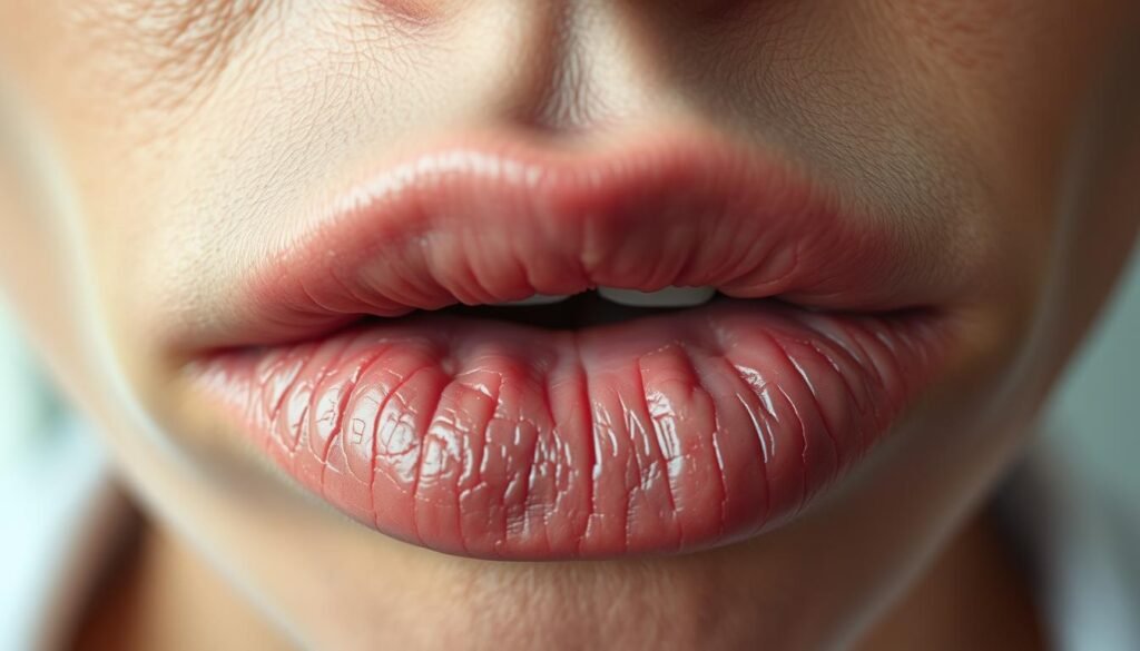 A close-up of a pair of human lips exhibiting distinct dryness and fissures, with visible inflammation at the corners of the mouth. The focus is on the texture of the cracked skin, highlighting the contrast between the healthy areas and the affected parts. The lighting is soft and natural, creating a clinical atmosphere while emphasizing the details of the lips’ condition. The background is softly blurred to enhance focus on the subject, simulating a sterile medical setting. The mood is serious and informative, suitable for a healthcare context, captured with a macro lens to ensure sharp detail and clarity without any distracting elements in the frame. The subject is depicted in a neutral setting, wearing modest casual clothing.
