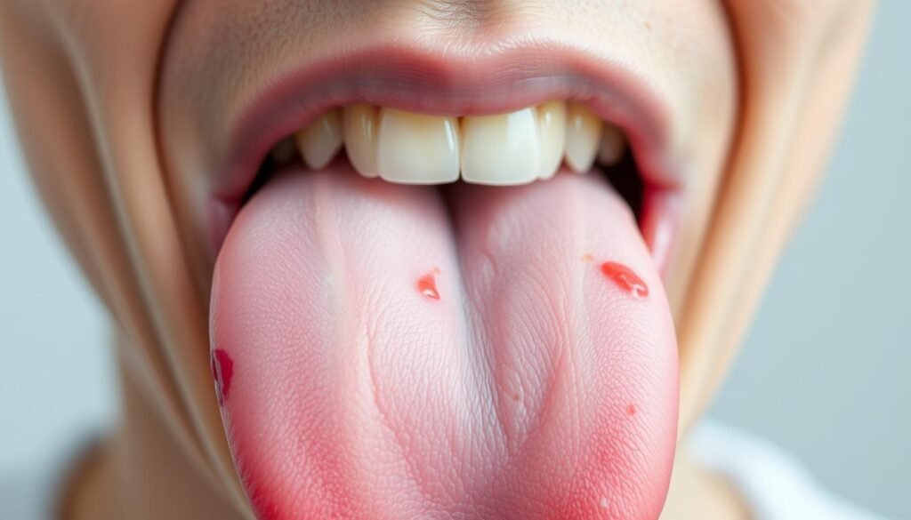 A close-up view of a human tongue displaying signs of inflammation and vitamin B12 deficiency. The tongue should be prominently featured in the foreground, showcasing a swollen appearance with patches of unusual color and texture, such as a smooth surface or bright red areas. In the middle ground, emphasize healthy gums and teeth to contrast the affected tongue. The background should be softly blurred to keep the focus on the tongue while providing a neutral, clean environment. Utilize natural soft lighting to enhance the detail and texture of the tongue, creating a clinical yet informative atmosphere. Aim for a high-resolution, macro lens perspective to capture intricate details, ensuring the mood remains educational and professional.