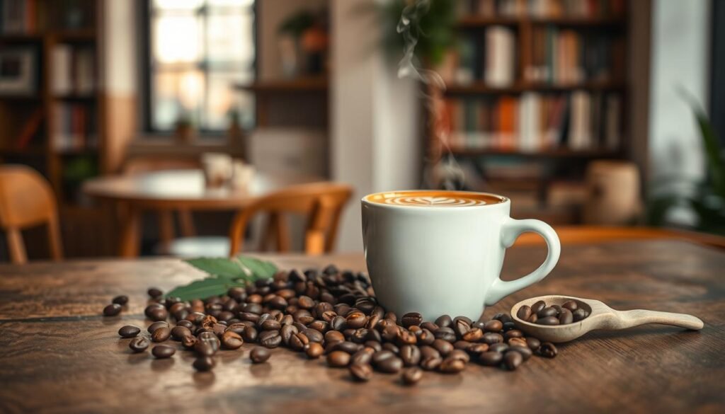 A close-up view of a steaming cup of coffee placed on a rustic wooden table, with a beautifully crafted coffee latte art on top. Surrounding the cup, an array of nutritional elements symbolize the health benefits of coffee. In the foreground, include ripe coffee beans, a small scoop, and a few scattered nutritional icons representing essential nutrients like antioxidants, vitamins, and minerals. The middle ground showcases a soft-focus view of a cozy café atmosphere, with warm lighting that enhances the inviting feel. In the background, a blurred bookshelf filled with books about health and nutrition provides context. The scene conveys a soothing, warm atmosphere, encouraging a sense of exploration into the nutritional value of coffee. Ensure the image is well-lit, with soft shadows to create depth and a welcoming ambiance.