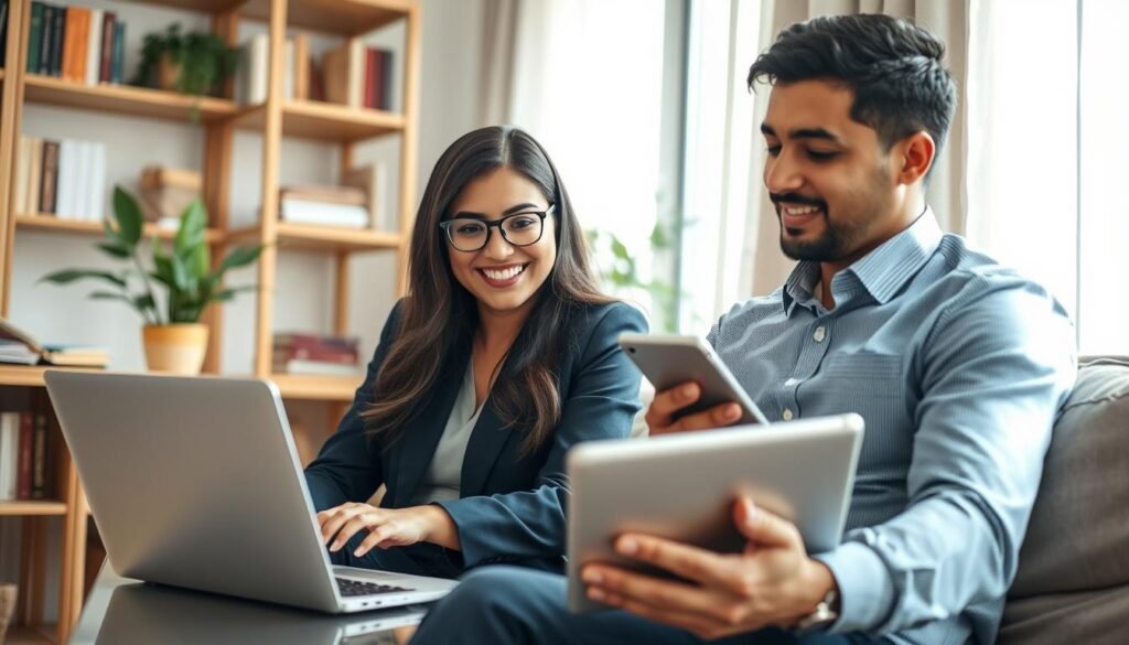 A cozy home office scene featuring a diverse group of three professional individuals engaged in a virtual consulting session. In the foreground, a Middle-Eastern woman wearing a smart blazer is actively discussing with clients over a laptop, with a confident smile. Next to her, a South Asian man in a business casual shirt takes notes on a digital tablet. In the background, shelves lined with books and a potted plant create a warm, inviting atmosphere. Soft, natural light filters through a window, enhancing the serene feel of the workspace. The angle is slightly tilted to capture both the excitement of the interaction and the professional environment, embodying the concept of online consulting as a viable way to earn income.