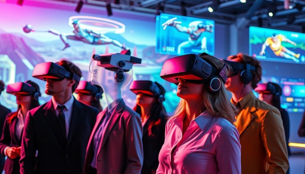A futuristic depiction of virtual reality technology in action. In the foreground, a diverse group of individuals, dressed in professional business attire, wear advanced VR headsets, completely immersed in a vivid virtual landscape featuring high-resolution 3D elements and dynamic environments. In the middle ground, sleek VR equipment and holographic displays float, showcasing interactive gameplay graphics and virtual characters engaging with the users. The background presents a modern, cutting-edge gaming environment with colorful lighting effects and digital interfaces, creating a vibrant and energetic atmosphere. The lighting should be soft yet colorful, casting dynamic shadows that enhance the immersive feel. The overall mood is exciting, innovative, and inviting, representing the future of entertainment in gaming.