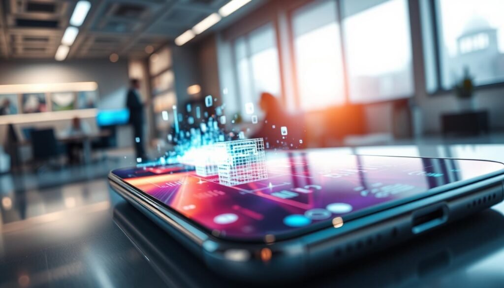 A futuristic, high-resolution image showcasing advanced screen technology in a sleek environment. In the foreground, feature a close-up of a cutting-edge smartphone with an ultra-thin edge-to-edge display, reflecting vibrant colors and intricate details. The middle ground should display digital data and holographic visuals emanating from the phone, illustrating the concept of advanced tech and interactivity. In the background, create an ambiance of a modern office with soft, diffused lighting, emphasizing a professional yet innovative atmosphere. Include hints of other smart devices and technology elements subtly integrated into the environment. The overall mood should evoke excitement and forward-thinking in technological advancement, captured with a dynamic angle to enhance depth.