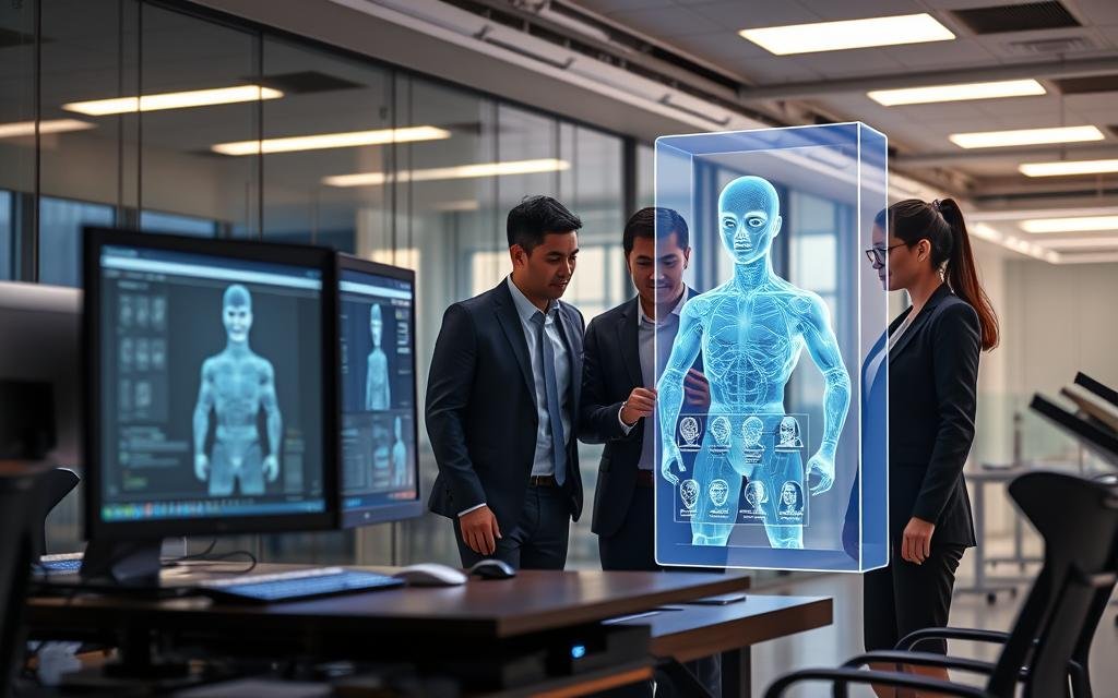 A futuristic scene depicting a professional setting where a virtual character is being created using advanced technology. In the foreground, a sleek computer workstation is shown with multiple monitors displaying 3D modeling software, lights casting a soft glow on the screens. A diverse team of three individuals, dressed in smart business attire, are collaborating and analyzing the virtual character design projected in front of them. The middle ground features a holographic display of a customizable virtual avatar, showcasing options for facial features and attire, emphasizing creativity and innovation. In the background, a modern office environment with glass walls and bright, inviting lighting adds an energetic atmosphere. The overall mood is professional and cutting-edge, highlighting the intersection of technology and creativity.