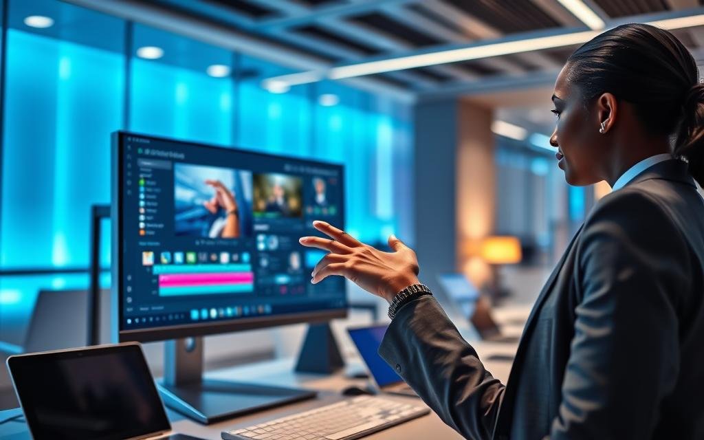 A futuristic scene showcasing a vibrant digital workspace, where intelligent video software is being used. In the foreground, a sleek computer monitor displays a colorful interface of video editing tools and AI features, with a hand of a diverse professional wearing modest business attire gesturing towards the screen, demonstrating interaction. The middle ground includes a subtle blur of smart devices and tech paraphernalia, like tablets and smartphones, emphasizing innovation. The background features a modern office environment with soft blue lighting highlighting the sleek design and modern architecture. The overall mood conveys creativity and technology, inspiring a sense of accessibility and advancement in AI video creation.