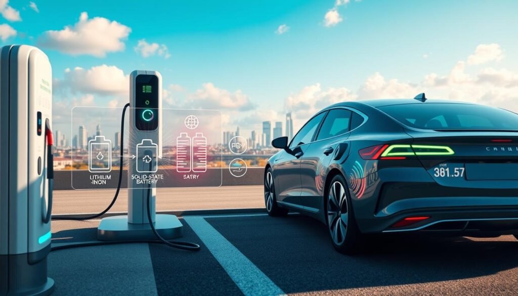 A futuristic scene showcasing advanced battery charging technologies for electric and hybrid vehicles. In the foreground, focus on a sleek electric car plugged into a modern charging station, with an illuminated charging cable emanating vibrant energy patterns. The middle ground features a visual representation of various battery types, such as lithium-ion and solid-state batteries, with labels highlighting their distinctive features. In the background, a city skyline suggests a clean, eco-friendly environment, under a bright blue sky with soft clouds. Utilize bright, dynamic lighting to enhance the tech ambiance, and employ a wide-angle lens to capture the entire scene. The mood should be optimistic and forward-looking, emphasizing innovation and sustainability in automotive technology.