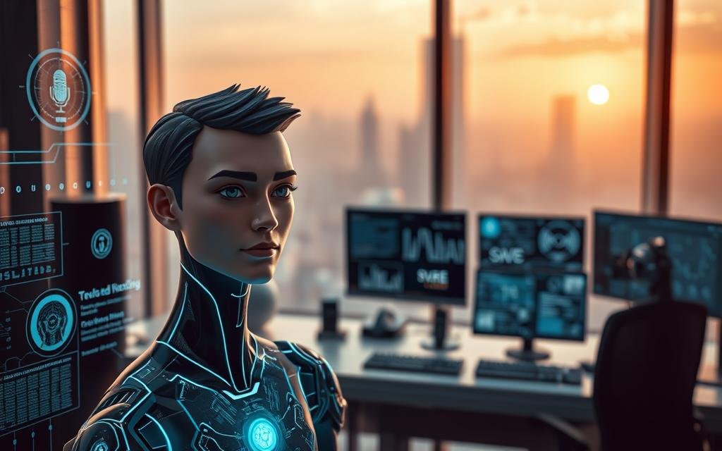 A futuristic scene showcasing the concept of artificial intelligence and virtual character creation. In the foreground, a highly detailed, stylized humanoid character with a realistic face and expressive features, reflecting the user's likeness. The character is surrounded by holographic interfaces displaying data and AI algorithms. In the middle ground, a sleek, modern workstation filled with high-tech gadgets and screens showing real-time modeling and voice synthesis processes. The background features a soft-focus, futuristic city skyline through a large window, with warm, ambient lighting enhancing the atmosphere. The overall mood is innovative and engaging, evoking a sense of curiosity and excitement about AI technology in character development.