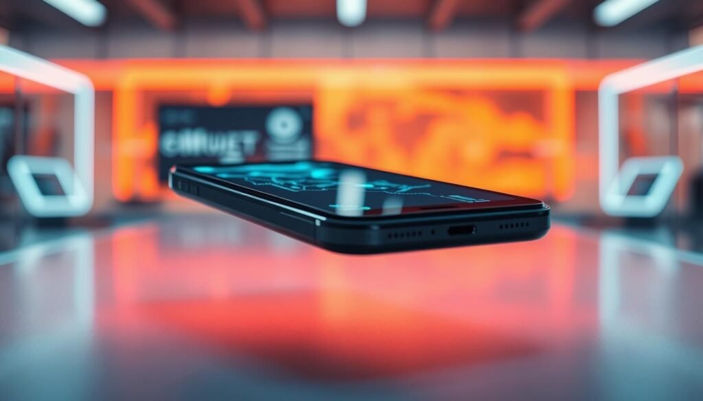 A futuristic self-operating smartphone displayed in a close-up shot, showcasing its sleek, minimalist design with a seamless glass surface and glowing interface. The device hovers gently above a modern desk, illuminated by soft, ambient lighting to enhance its innovative technology. In the background, a high-tech environment is visible, including blurred outlines of other devices and vibrant colors that reflect a cutting-edge aesthetic. The mood is one of awe and curiosity, with a focus on the smartphone’s advanced features. The angle captures the essence of autonomy, emphasizing the absence of physical interaction, creating a clean, professional atmosphere.