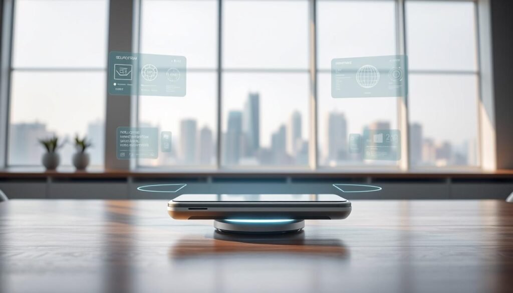 A futuristic smartphone, sleek and modern, glows softly in a well-lit, minimalist workspace. The device levitates slightly above a polished wooden desk, emphasizing its self-operating nature. Surrounding the phone, holographic interfaces project information in mid-air, showcasing how it functions autonomously without human interaction. In the background, a large window reveals a bright city skyline, conveying a sense of advanced technology and innovation. The scene is bathed in soft, diffused lighting, creating a serene atmosphere. A camera angle captures the device from an elevated perspective, giving it prominence while hinting at its sophisticated mechanics. The mood is one of wonder and anticipation, reflecting the groundbreaking nature of self-operating technology.