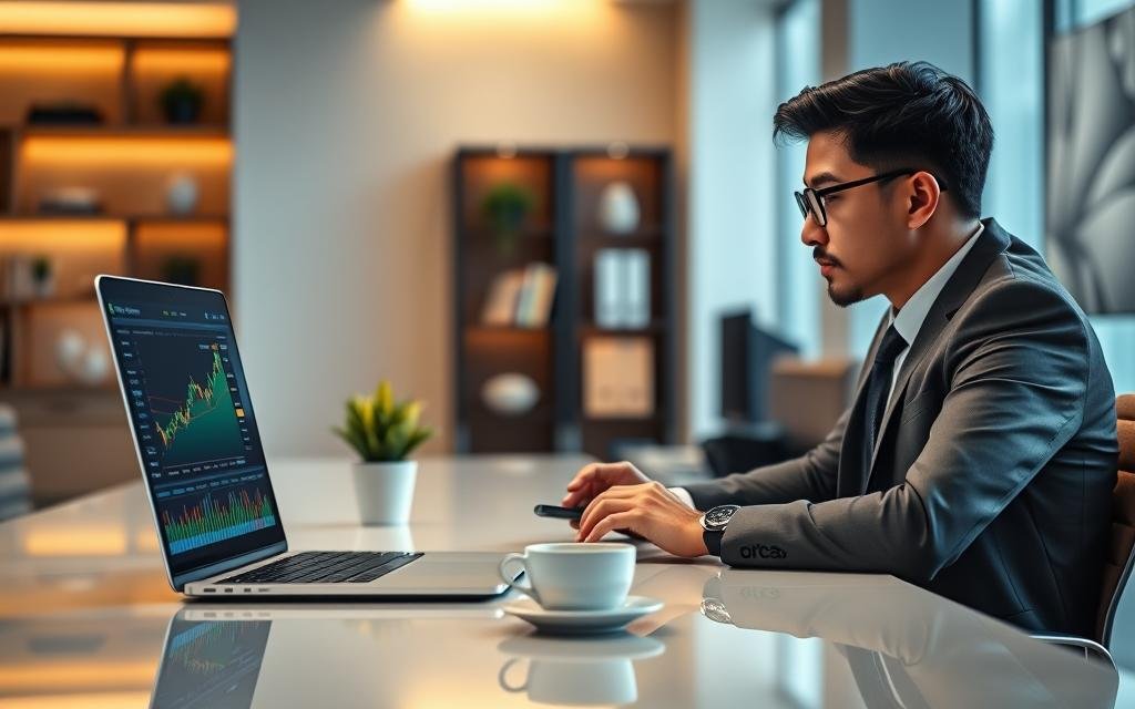 A modern and sleek digital workspace featuring a professional individual wearing business attire, engaged in using the Binance platform on a laptop. In the foreground, show the laptop screen displaying a colorful and user-friendly interface with cryptocurrency charts and market data. The middle layer presents the individual focused and analyzing information, with a small potted plant and a coffee cup on the polished desk, adding a touch of life. The background should depict a contemporary office setting with subtle lighting that casts a warm, inviting glow, creating a productive atmosphere. Include soft-focus elements like bookshelves or abstract wall art to emphasize a professional vibe, without any text or distractions.