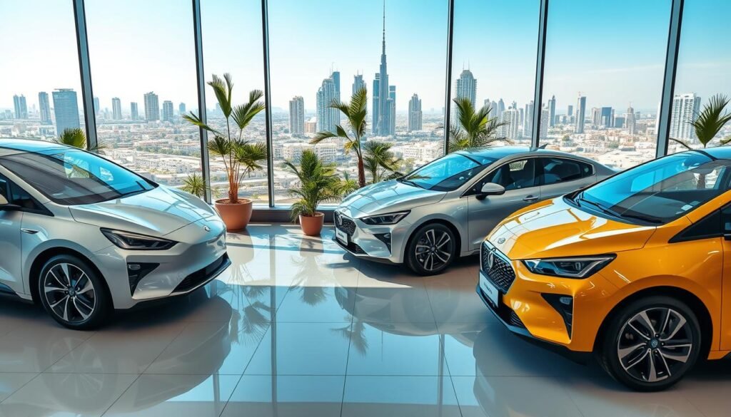 A modern electric car showroom displaying a selection of the best electric vehicles available in Saudi Arabia. In the foreground, showcase three sleek electric cars with innovative designs, emphasizing their unique features and vibrant colors. The middle ground reveals a polished showroom with bright lighting, reflecting the cars’ chrome details, and surrounded by potted greenery. In the background, a large window offers a view of a bustling Saudi cityscape under a clear blue sky, symbolizing progress and innovation. Use a wide-angle lens to capture the entirety of the scene, enhancing the inviting atmosphere. Aim for a bright, energetic mood that conveys excitement about electric vehicle technology. Ensure no text or watermarks are present in the image.