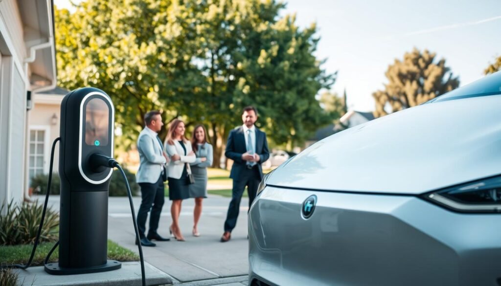 A modern electric vehicle parked in a suburban driveway, showcasing its sleek design and charging station in the foreground. The middle ground features a friendly family discussing the benefits of electric car ownership, dressed in professional business attire. In the background, a serene neighborhood with lush trees and a bright blue sky, symbolizing sustainability. Soft, natural lighting highlights the scene, creating a warm and welcoming atmosphere. The image captures the essence of the costs of owning and operating electric vehicles, focusing on energy efficiency, financial savings, and environmental benefits while maintaining a professional yet relatable mood. The angle is slightly tilted to emphasize the vehicle and the engagement of the family, ensuring an inviting and informative feel.