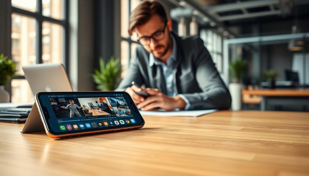 A modern smartphone placed on a sleek wooden desk, showcasing its vibrant display while running multiple high-performance applications simultaneously. In the foreground, a close-up of the phone's screen reveals detailed app interfaces like video editing and gaming, demonstrating its impressive processor capabilities. The middle ground features a stylish business professional in modest casual attire, intently analyzing the phone, exuding focus and expertise. The background incorporates a well-lit office environment with soft natural light filtering through large windows, enhancing the atmosphere of productivity. The overall mood is dynamic and engaging, emphasizing the seamless integration of cutting-edge technology into daily life. Shot with a slightly elevated angle to highlight both the phone's display and the user's interaction.