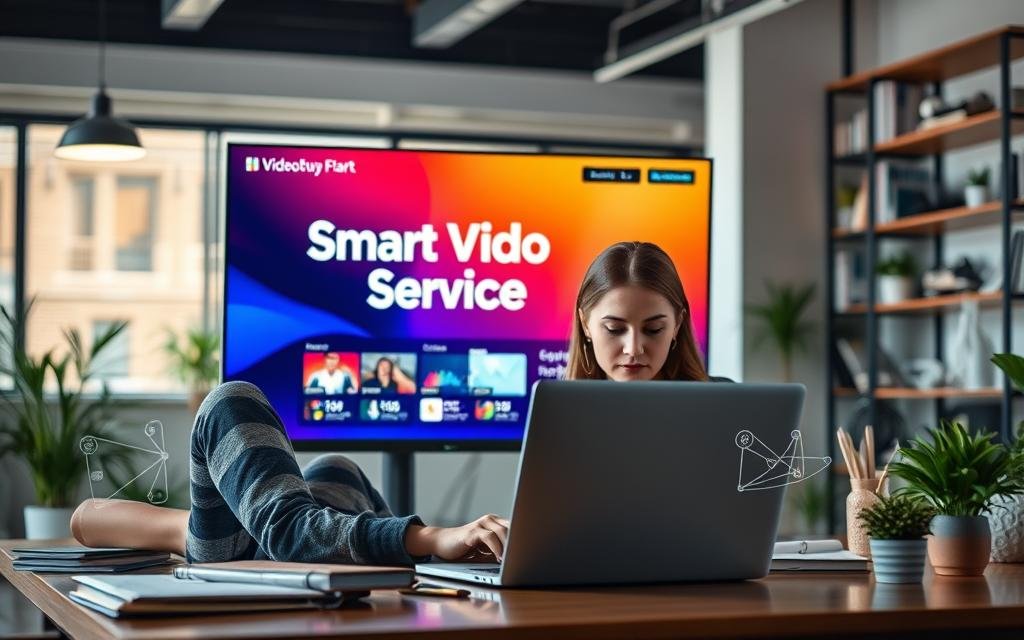 A modern workspace featuring a large high-definition screen displaying a vibrant interface for a "Smart Video Service". In the foreground, a professional woman in smart casual attire is focused on her laptop, surrounded by notebooks and creative tools. The middle ground shows elements symbolizing artificial intelligence, like digital icons and graphs, subtly integrated into the scene. The background is a softly-lit office environment with plants and shelves filled with books and tech gadgets. Utilize bright, inviting lighting to create a productive atmosphere, with a slight lens blur in the background for depth. The overall mood should evoke innovation and enthusiasm for using AI in video production.