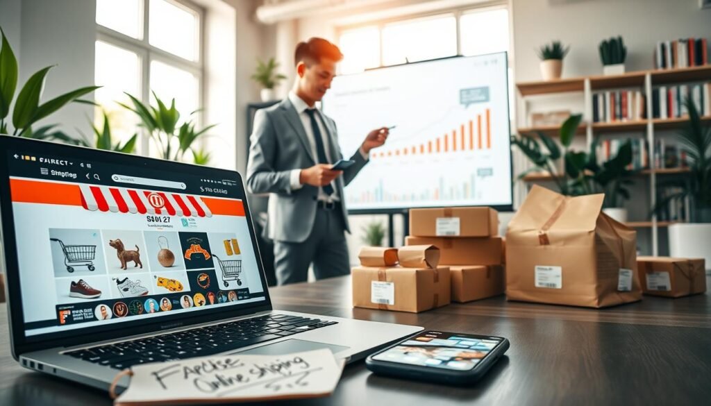 A modern workspace showcasing e-commerce and dropshipping concepts. In the foreground, a laptop displays a vibrant online store with product images and a shopping cart icon, symbolizing e-commerce. Beside it, a notepad with handwritten strategies and a smartphone displaying social media ads. In the middle ground, a young professional in business attire reviews analytics on a large screen, highlighting growth charts and key metrics, surrounded by packages ready for shipping. The background features a bright, airy office with plants and shelves filled with books about online marketing. Soft natural light streaming through large windows creates an inviting atmosphere, encouraging entrepreneurial spirit. The perspective is from a slight angle, emphasizing the dynamic work environment, and the overall mood is enthusiastic and motivational.