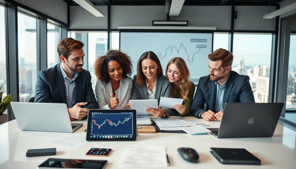 A professional and inviting office environment, showcasing a diverse group of three beginner traders engaged in discussion and analyzing trading charts on laptops. The foreground features a well-organized desk with modern gadgets, such as a tablet displaying a trading platform. In the middle, the traders are dressed in business casual attire, with focused expressions, surrounded by financial documents and a large screen projecting a live trading graph. The background includes large windows with a cityscape view, allowing natural light to flood the room, creating a bright and motivational atmosphere. The mood is collaborative and energetic, emphasizing the opportunities and excitement of online trading for beginners.