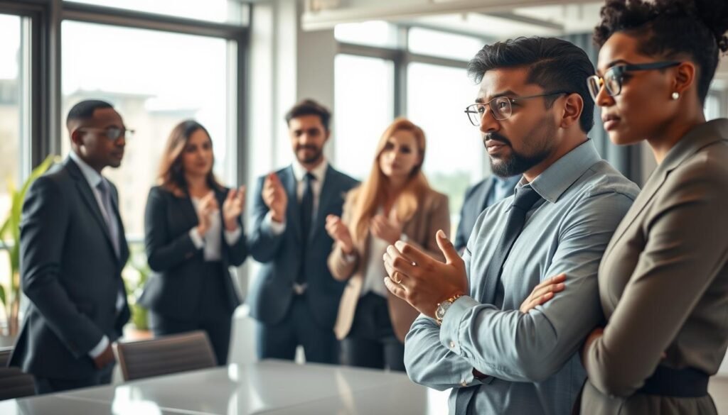 A professional business setting with a diverse group of individuals engaged in a serious conversation, highlighting the theme of vocal tone and seriousness. In the foreground, a confident speaker stands with a determined expression, dressed in formal attire, gesturing slightly to emphasize their point. In the middle ground, attentive listeners nod and maintain focused expressions, showcasing varying ages and ethnicities in smart business clothing. The room is well-lit with soft, natural light streaming through large windows, enhancing the seriousness of the atmosphere. The background features modern office decor, including a sleek conference table and potted plants, conveying a professional vibe. The overall mood should be one of earnestness and engagement, where subtle cues reflect the power of vocal tone in communication.