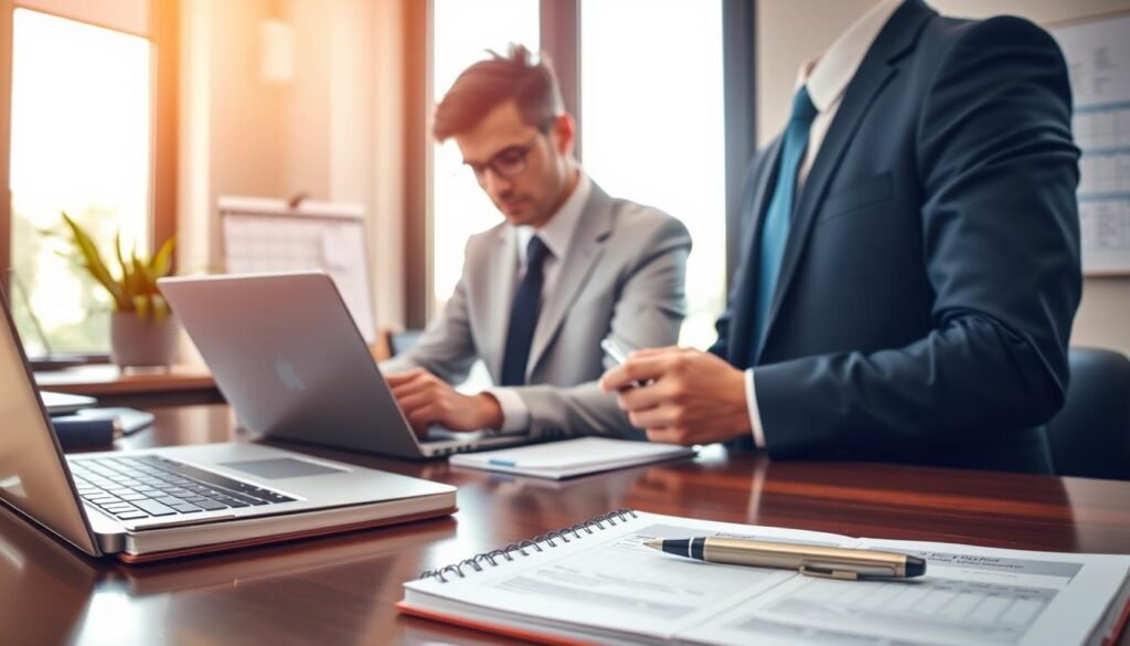 A professional setting featuring a well-organized workspace. In the foreground, a polished wooden desk holds a neatly arranged notebook, a pen, and a laptop displaying detailed notes. The middle ground includes a focused individual dressed in smart professional attire, pen in hand, deeply engaged in planning or preparing a presentation, showcasing determination and seriousness. The background features a large window with natural light streaming in, illuminating the space and creating a warm atmosphere. Subtle elements like a potted plant and a calendar with marked deadlines enhance the feeling of productivity and preparation. The overall mood is one of motivation, fostering the concept of serious intent through careful preparation.