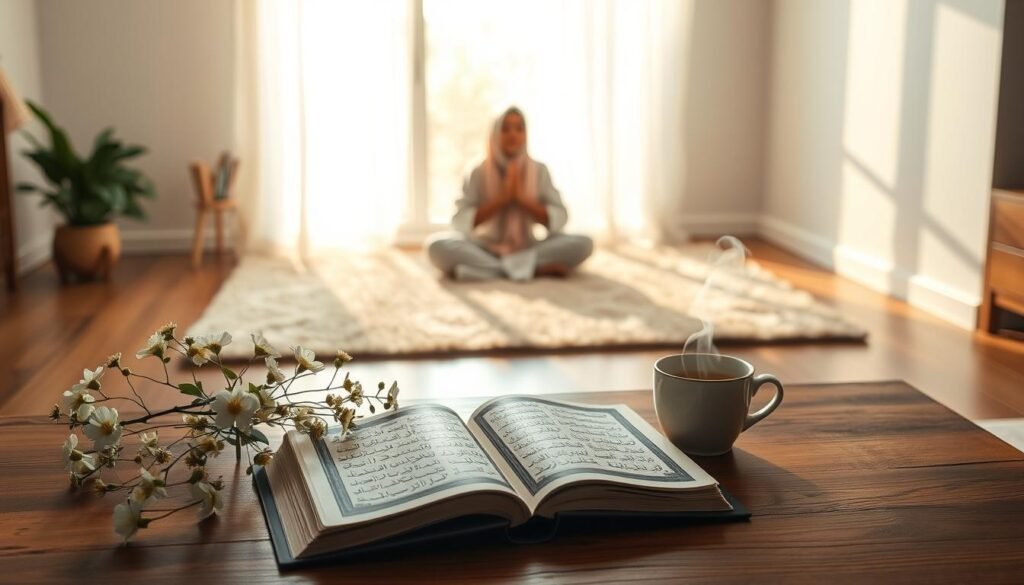 A serene and calming scene illustrating the benefits of morning and evening supplications (أذكار الصباح والمساء). In the foreground, a beautifully arranged wooden table holds an open Quran, surrounded by delicate flowers and a steaming cup of tea, symbolizing tranquility and reflection. The middle ground features a softly lit space with a plush rug, where a modestly dressed person, in a peaceful pose, is engaged in meditation or prayer, conveying a sense of spiritual connection. The background showcases a softly glowing window with sunlight streaming in, casting gentle rays that create a warm and inviting atmosphere. The overall mood is peaceful and contemplative, evoking a sense of devotion and mindfulness. Natural light illuminates the scene, enhancing the serene ambiance.