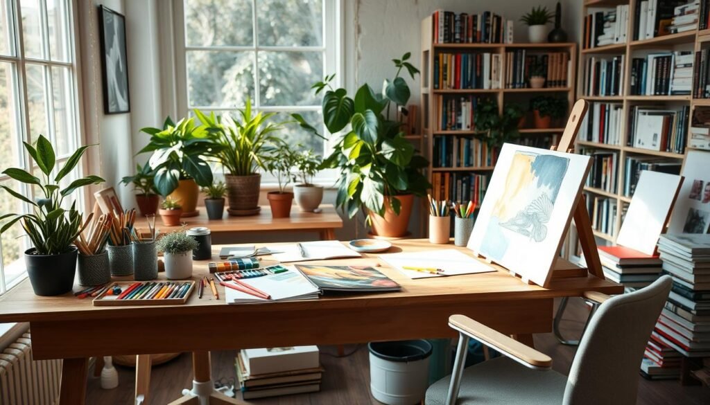 A serene and inspiring workspace filled with creative hobbies that stimulate the mind. In the foreground, a wooden desk adorned with vibrant art supplies, sketchbooks, and a partially painted canvas, showcasing an artist at work in modest casual clothing. In the middle ground, a large window allowing soft, natural light to flood the space, illuminating an indoor garden of potted plants. In the background, shelves filled with books on various subjects like philosophy, design, and crafts. The atmosphere is uplifting and productive, with soft focus on the surroundings to emphasize creativity. The lighting is warm and inviting, highlighting the colors and textures of the materials, creating a sense of both relaxation and stimulation for the intellect.