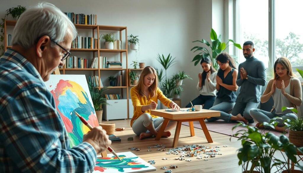 A serene and inviting indoor setting that showcases various hobbies stimulating the mind. In the foreground, an elderly person engaged in painting on a canvas, showcasing vibrant colors and concentration. In the middle ground, a young woman is sitting at a table, deeply focused on a puzzle, with puzzle pieces scattered around. To the side, a group of diverse individuals, dressed in casual but professional attire, are practicing yoga, embodying mindfulness. The background features shelves filled with books and plants, creating a warm and nurturing environment. Soft, natural lighting filters through a large window, casting gentle shadows and highlighting the vibrant atmosphere. The mood is inspirational and uplifting, encouraging engagement and mental activity.