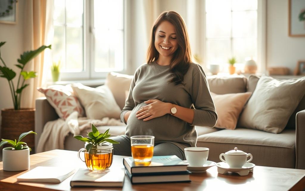 A serene and inviting scene of a pregnant woman, gently cradling her belly, seated comfortably in a cozy living room. In the foreground, she wears modest, casual clothing and has a warm smile on her face, reflecting joy and anticipation. Surrounding her, soft natural light filters through large windows, creating a calming atmosphere. On a nearby table, there are pregnancy advice books, a steaming cup of herbal tea, and a small plant, symbolizing health and growth. In the background, a bright and airy room with pastel colors, plush cushions, and baby items subtly accentuates the theme of new motherhood. The overall mood is nurturing and encouraging, encapsulating the essence of early pregnancy advice.