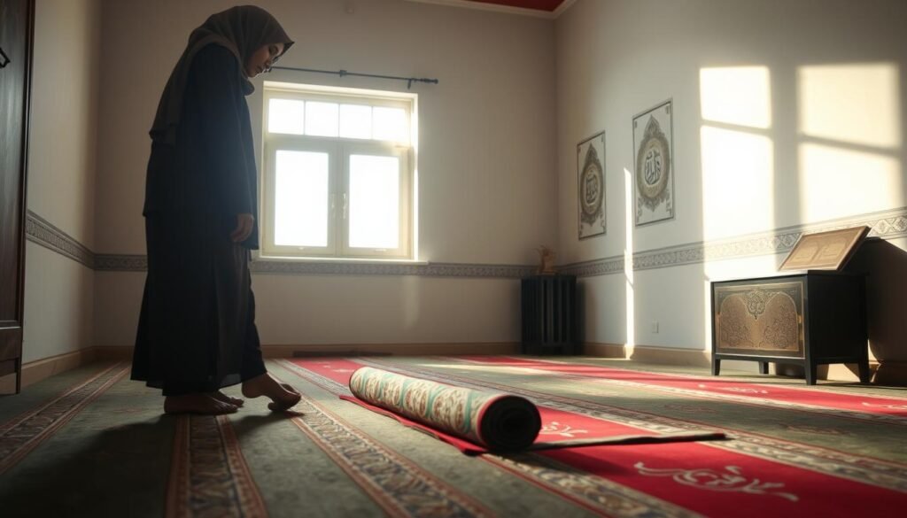 A serene indoor scene depicting an individual preparing for prayer in a tranquil environment. In the foreground, a person in modest attire gently rolls out a colorful prayer mat, creating a peaceful and respectful atmosphere. The middle ground features soft, diffused lighting filtering through a window, illuminating the space and casting gentle shadows. Traditional Islamic decorations, such as geometric patterns and subtle calligraphy, adorn the walls, enhancing the spiritual ambiance. In the background, a small altar with a quran and prayer beads can be seen, further emphasizing the significance of preparation. The overall mood is calm and focused, inviting viewers to connect with the act of preparing mentally and physically for prayer.