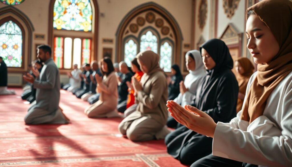 A serene indoor setting designed for prayer, focusing on a group of diverse individuals in modest clothing, in various prayer positions illustrating the key steps of performing prayer with humility. In the foreground, a close-up of hands placed on knees in worship, showcasing respectful gestures. In the middle ground, a diverse group including people of different ages and ethnicities, engaged in the postures of prayer, embodying deep concentration and tranquility. The background consists of a softly lit room with ornate Islamic decor, warm colors radiating a sense of peace. Gentle sunlight filters in through stained glass, casting colorful patterns on the floor, creating a calming atmosphere that embodies mindfulness and reverence.