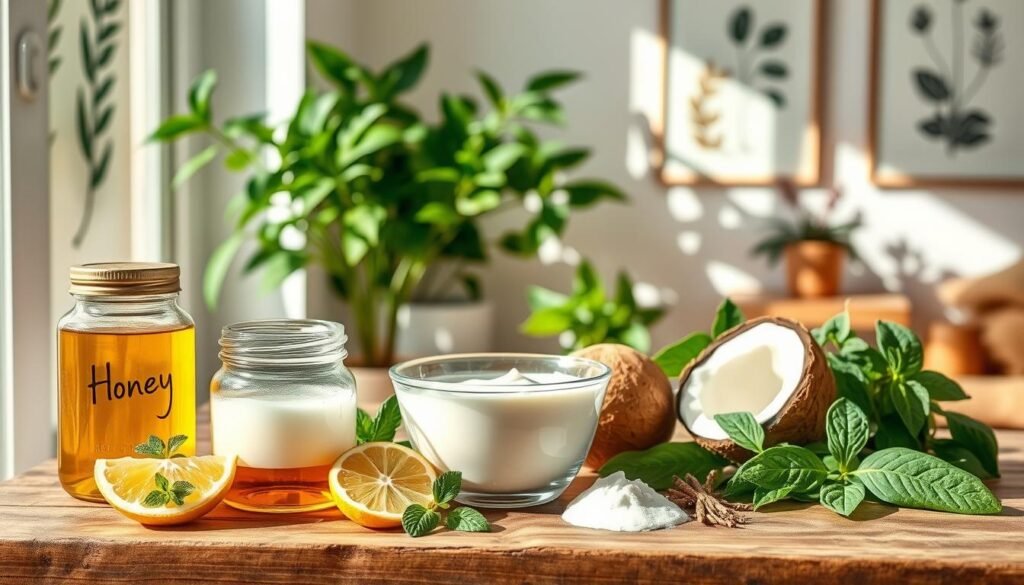 A serene indoor setting featuring an array of natural ingredients for skin lightening. In the foreground, a wooden table displays jars of honey, aloe vera, lemon slices, and coconut oil, artfully arranged beside fresh herbs like mint and basil. In the middle, there is a graceful glass bowl filled with a creamy face mask, illustrating a natural beauty routine. The background includes soft, neutral-colored walls adorned with botanical prints and lush green plants, creating a calm and inviting atmosphere. Natural sunlight streams through a nearby window, casting gentle shadows and highlights, enhancing the natural textures. The mood is peaceful and rejuvenating, inviting readers to explore holistic beauty practices.