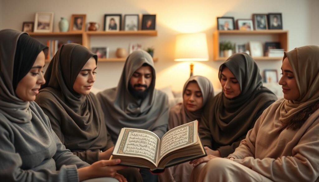 A serene living room scene that reflects the positive psychological and social effects of reading Surah Al-Baqarah. In the foreground, a diverse group of individuals, dressed in modest clothing, are sitting together on a cozy sofa, deeply engaged in reading from a beautifully illustrated copy of the Quran, with expressions of tranquility and focus on their faces. In the middle ground, a softly glowing lamp casts warm light, enhancing the sense of peace. In the background, there are shelves lined with Islamic books and family photographs, symbolizing harmony and spirituality. The overall mood is calm and inviting, with warm, soft colors creating a sense of safety and togetherness, suggesting the nurturing atmosphere in a home where Surah Al-Baqarah is regularly recited.