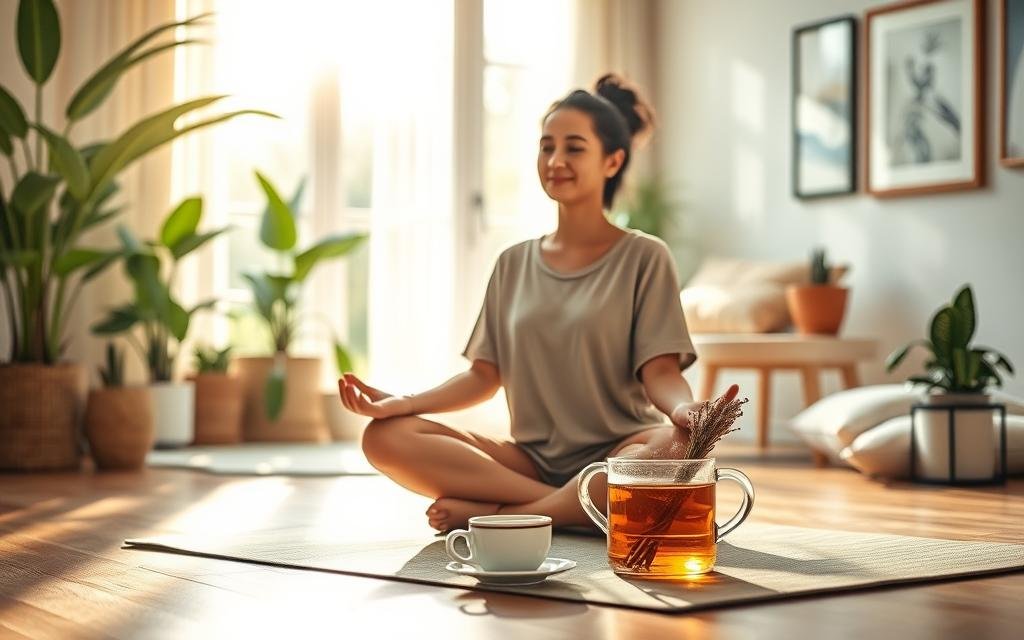 A serene morning scene depicting a peaceful indoor setting. In the foreground, a person in modest casual clothing sits cross-legged on a yoga mat, practicing mindfulness with a gentle smile. In the middle, a cozy, bright room filled with natural light streaming through large windows, surrounded by potted plants and soft pillows, creating a tranquil atmosphere. A steaming cup of herbal tea rests on a nearby table, adding warmth to the scene. In the background, soft pastel colors dominate the walls, and artful decor enhances the calming vibe. The focus is on soft lighting, conveying early morning rays of sunshine. The overall mood is one of tranquility and mental clarity, embodying the essence of starting the day stress-free and positively.