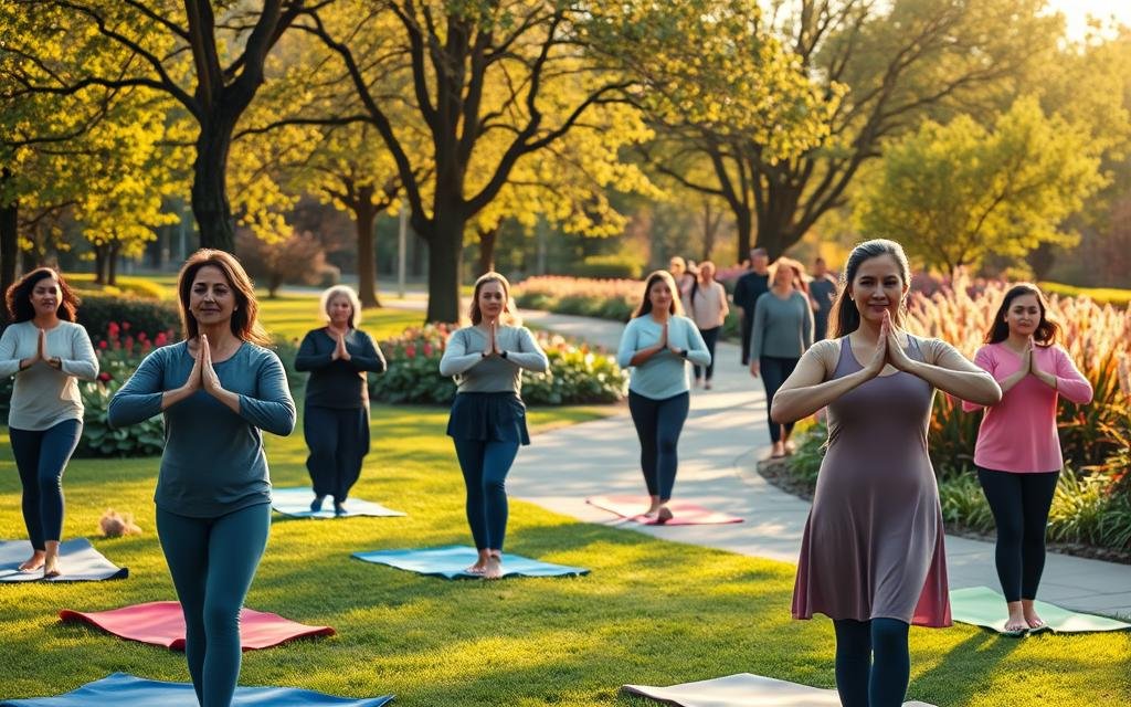 A serene morning scene depicting individuals engaging in walking exercises and yoga in a lush, green park. In the foreground, a diverse group of people in comfortable, modest activewear practice yoga poses on colorful mats, showing focus and tranquility. In the middle ground, others walk along a winding path, enjoying the fresh air and bright morning light, their expressions reflecting peace and contentment. The background features sun-dappled trees and flowering plants, enhancing the sense of a calm, healthy environment. Soft, golden sunlight filters through the leaves, casting gentle shadows. The overall mood is uplifting and rejuvenating, perfect for illustrating a peaceful start to the day.