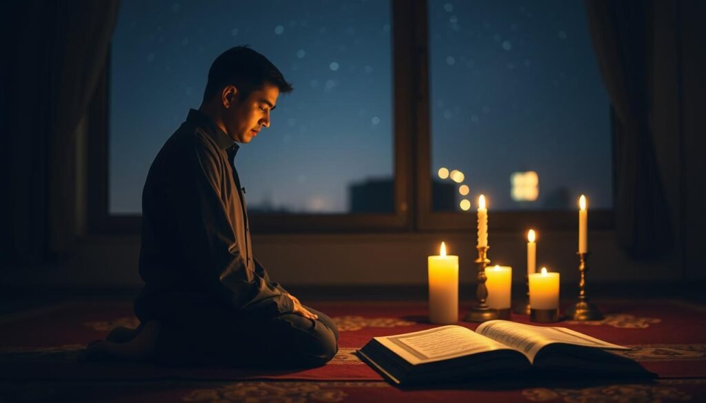 A serene nighttime scene depicting the act of performing Qiyam al-Layl, or night prayers. In the foreground, a figure dressed in modest, professional attire, kneeling on a prayer mat, with a gentle expression of focus and devotion. The middle ground features soft, glowing candles illuminating an open Quran, symbolizing guidance and reflection. In the background, a softly lit window reveals a starry night sky, enhancing the tranquil atmosphere. The lighting should be warm and inviting, emphasizing a peaceful mood. Use a shallow depth of field to draw attention to the figure in prayer, capturing the intimacy and dedication of this sacred practice. The overall ambiance should evoke a sense of calm and spirituality, inviting viewers to contemplate the beauty of night worship.
