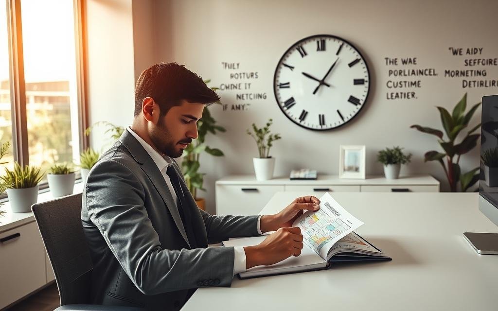 A serene office environment showcasing the importance of time management in our lives. In the foreground, a well-dressed individual sits at a sleek desk, looking focused as they organize a colorful planner filled with notes and tasks. The middle ground features a large wall clock prominently displaying time, symbolizing the passage of time in a busy life. In the background, a window lets in warm, natural light, illuminating plants and motivational quotes on the walls, creating an inspirational atmosphere. The overall mood is productive and optimistic, emphasizing clarity and organization. The camera angle should be slightly above eye level, capturing the environment and the dedicated individual engaged in their work.