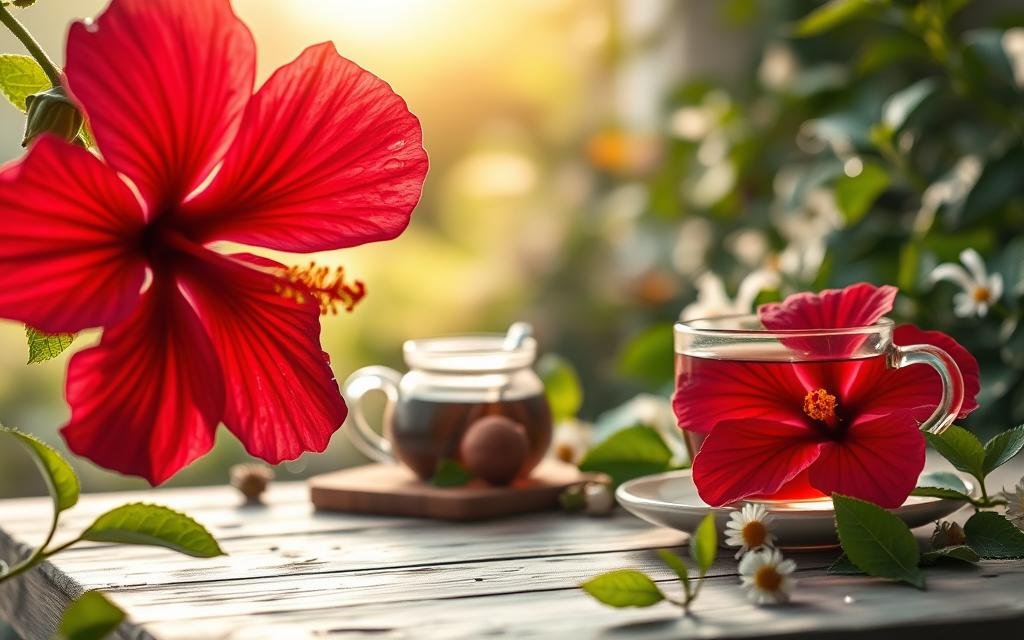 A serene, peaceful setting focusing on the therapeutic benefits of hibiscus in alternative medicine. In the foreground, vividly colored hibiscus flowers with droplets of water glistening on petals, showcasing their rich red and deep burgundy hues. In the middle ground, a small glass teapot and a tea cup filled with steaming hibiscus tea, elegantly placed on a rustic wooden table. Surrounding the table, soft green foliage and calming herbs like mint and chamomile, suggesting natural healing. The background features a softly blurred garden scene with gentle sunlight filtering through, creating a warm, inviting atmosphere. The image captures the essence of health and wellness, promoting relaxation and natural healing. Soft, diffused lighting enhances the vibrant colors and produces a tranquil mood, ideal for illustrating the healing properties of hibiscus.