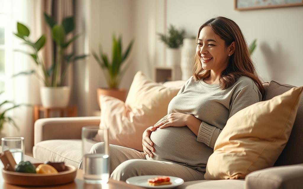 A serene scene depicting the early symptoms of pregnancy in a warm, inviting atmosphere. In the foreground, a smiling woman in modest casual clothing, gently cradling her belly, sits on a cozy sofa surrounded by soft pillows. Her expression is a blend of joy and contemplation. The middle layer includes subtle elements that represent common early pregnancy symptoms, like a glass of water and some healthy snacks on a coffee table nearby. The background features a softly lit room with pastel colors, plants, and a window allowing gentle sunlight to stream in. The overall mood is calm and nurturing, evoking the beauty of early motherhood, with a focus on wellness and tranquility. Shot with a soft-focus lens to enhance the warm ambiance.