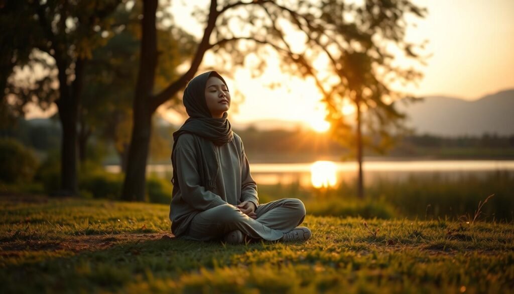 A serene setting depicting the spiritual effects of seeking forgiveness, showcasing a tranquil outdoor scene during golden hour. In the foreground, a young, modestly dressed individual sits cross-legged on a soft grass patch, eyes closed, radiating a sense of peace and tranquility. Surrounding them are gentle rays of sunlight filtering through trees, casting dappled shadows on their serene expression. In the middle ground, a calm lake reflects the warm colors of a sunset, symbolizing inner clarity and emotional healing. In the background, lush greenery and distant mountains evoke a sense of harmony with nature. The overall mood is reflective and uplifting, inviting viewers to contemplate the transformative power of daily prayer and forgiveness. The image should have soft, warm lighting and a slightly blurred background to emphasize the subject's introspective state.