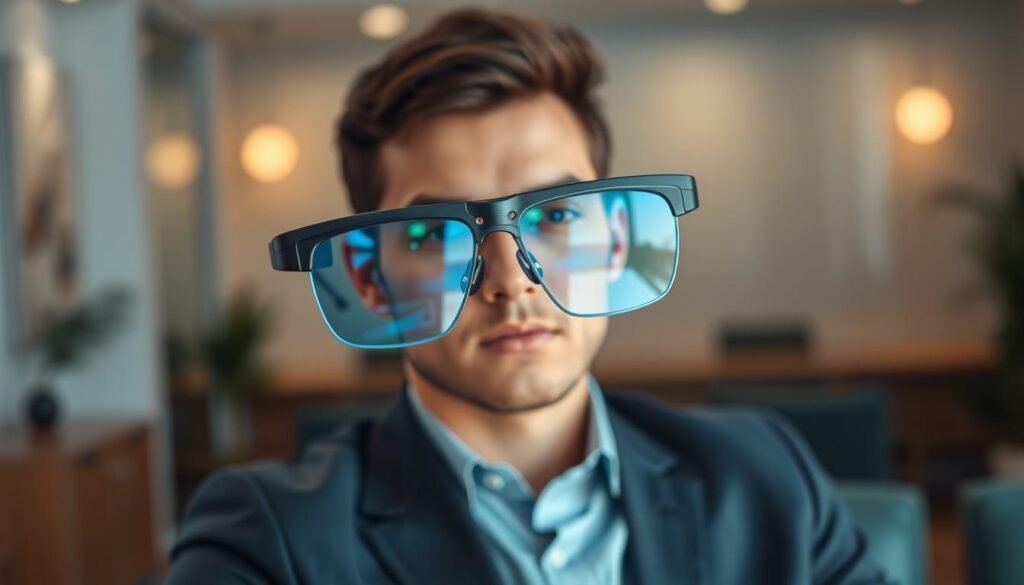 A sleek and modern design of smart glasses, displayed prominently in the foreground, featuring a futuristic frame with integrated technology. The lenses are a reflective blue, showcasing a digital interface subtly visible within them. In the middle background, a stylish office environment adds to the sophistication, with soft lighting that accentuates the glasses' curves and high-tech elements. A relaxed professional in business attire can be seen wearing the glasses, giving a sense of comfort and innovation. The overall atmosphere conveys a blend of cutting-edge technology and everyday usability, with a balanced composition that draws focus to the smart glasses while maintaining an air of elegance.