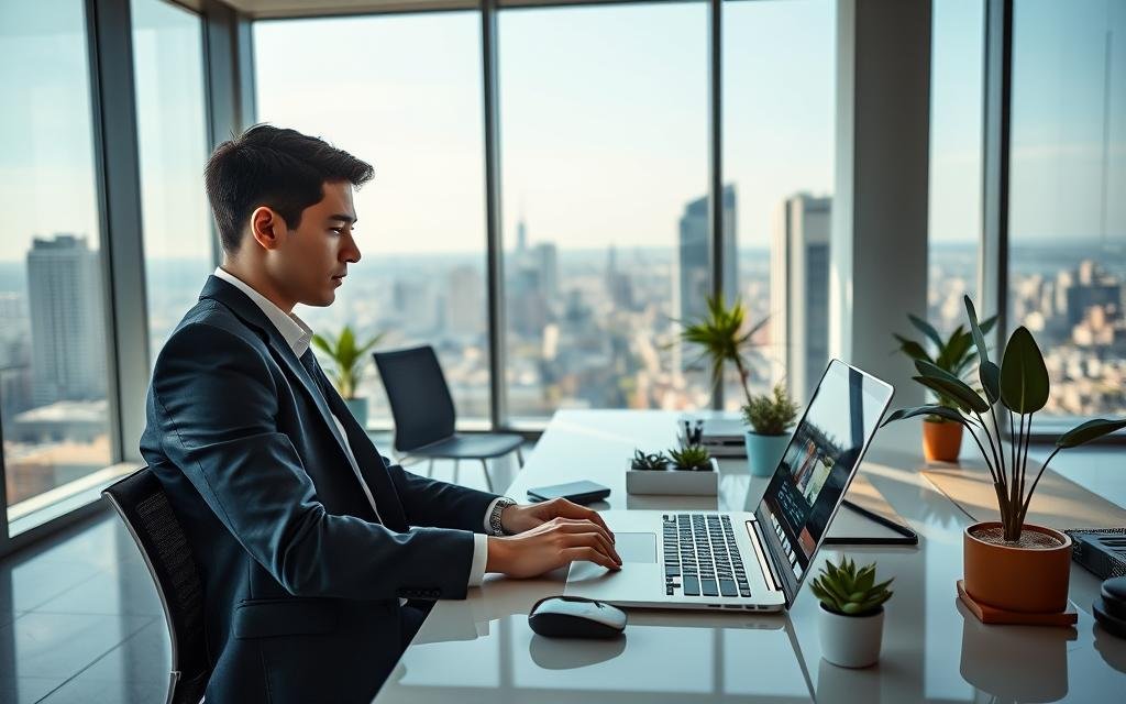 A sleek, modern workspace showcasing the concept of web hosting with Hostinger. In the foreground, a professional young adult in business attire is intently working on a laptop, with a website design software open on their screen, reflecting vibrant colors and patterns. The middle ground features a stylish desk adorned with tech gadgets and a plant, emphasizing a productive atmosphere. In the background, large windows allow natural light to flood the space, creating an inviting and expansive view of a cityscape. The lighting is bright yet soft, highlighting the workspace's sophistication. The overall mood is inspiring and focused, encapsulating the idea of smart investment in web design with Hostinger, aiming for a professional and uplifting vibe.