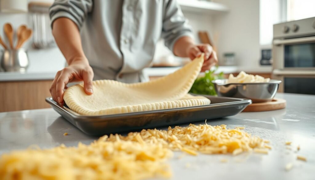 A step-by-step display of preparing traditional Nabulsi Kunafa, set in a bright, well-lit kitchen. In the foreground, freshly-made kunafa dough is being spread over a baking tray by a person wearing modest, casual clothing, demonstrating hands-on culinary technique. The middle ground includes an array of ingredients: finely shredded kataifi, melted butter, and a bowl of sweetened cheese, beautifully arranged. The background features kitchen utensils and an oven, adding depth to the scene. Soft, natural lighting illuminates the space, creating an inviting mood, while a slight shallow depth of field focuses on the preparation process, emphasizing the ingredients and techniques involved. The overall atmosphere reflects a warm, homey feel, ideal for showcasing the art of making Kunafa.