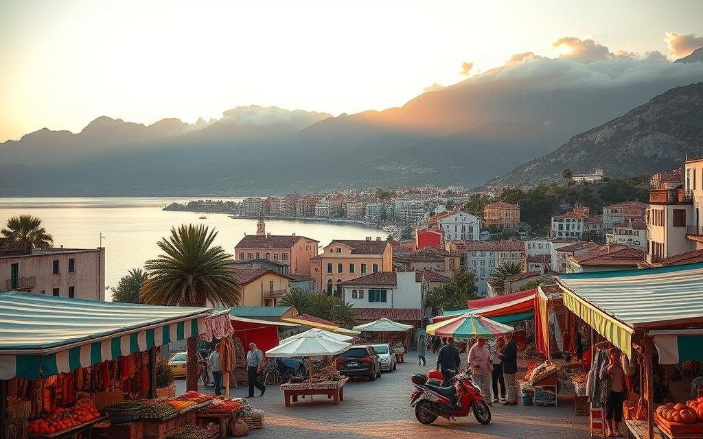 A stunning landscape of Albania in 2025, showcasing the picturesque coastal town of Saranda at sunset. In the foreground, a vibrant market with local vendors displaying fresh produce and traditional crafts, capturing the essence of Albanian culture. In the middle ground, quaint Mediterranean-style buildings with colorful facades stretch along the shoreline, their reflections shimmering in the calm, turquoise waters. The background features the majestic Albanian mountains, partially shrouded in mist with the last rays of sunlight illuminating their peaks. The atmosphere is warm and inviting, evoking a sense of adventure and tranquility. Soft, golden lighting enhances the beauty of the scene, shot from a slightly elevated angle to encompass both the town and the breathtaking landscape. The image is tranquil and inspiring, perfect for a travel guide.