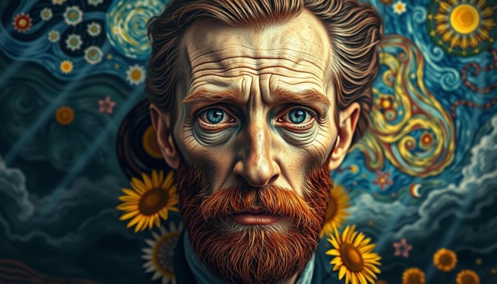A surreal representation of Vincent van Gogh surrounded by elements symbolizing his psychological struggles. In the foreground, a portrait of van Gogh with expressive eyes, featuring a palette of vibrant and intense colors reflecting his emotional turbulence. His expression conveys a mix of sadness and creativity. In the middle ground, swirling patterns and motifs inspired by his iconic artworks, like "Starry Night" and "Sunflowers," blend seamlessly, highlighting the chaos of his mind. The background features dark, stormy clouds contrasting with bursts of color, creating a mood of despair yet inspiration. Soft, diffused lighting illuminates the scene, with a focus on van Gogh's face, captured at a slightly tilted angle to evoke a sense of unease and depth.