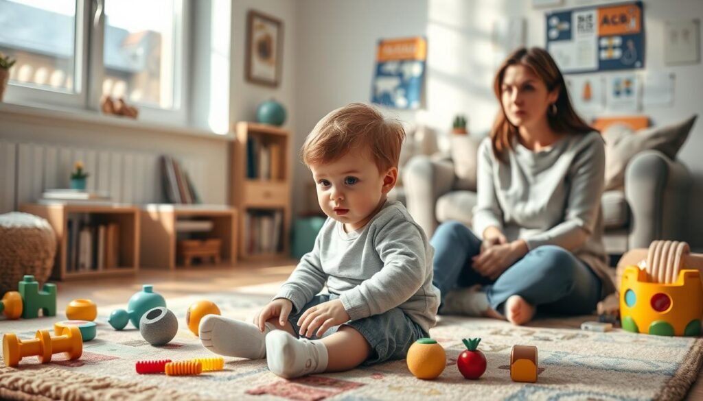 A thoughtful and informative scene depicting key indicators of autism in toddlers. In the foreground, a young child around two years old sits on a soft, colorful rug, engaging with a variety of sensory toys, showcasing interest yet occasional disconnection. In the middle ground, a parent watches attentively, reflecting concern and care, dressed in casual, modest attire. In the background, a softly lit room filled with books, educational posters, and comfortable seating creates a nurturing atmosphere. Natural light filters through a window, casting gentle shadows, enhancing the sense of warmth and comfort. The overall mood is both serious and hopeful, emphasizing the importance of early detection for autism in children. The composition is engaging and thoughtfully organized, making it suitable for educational purposes.