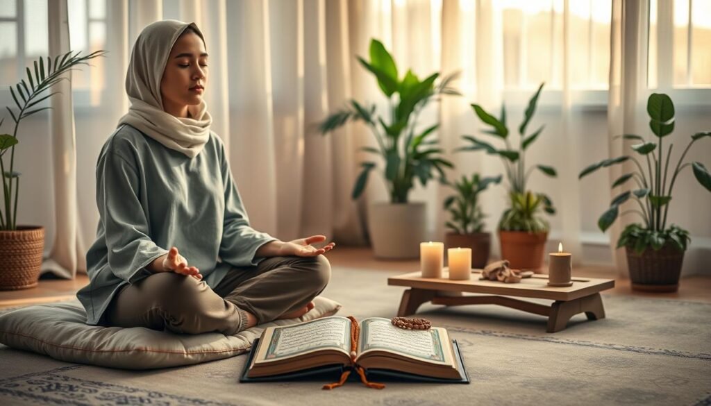 A tranquil scene depicting a serene indoor space dedicated to mindfulness and reflection. In the foreground, a person in modest casual clothing sits cross-legged on a comfortable cushion, hands resting gently on their knees, eyes closed in meditation. The middle ground features a small wooden table with a beautifully designed Quran, prayer beads, and a lit candle, symbolizing focus and spirituality. The background includes soft, warm lighting filtering through sheer curtains, casting gentle shadows, with potted plants adding a touch of nature. The atmosphere conveys peace, tranquility, and a sense of inner calm, ideal for illustrating the concept of practicing heartfelt repentance and reflection.