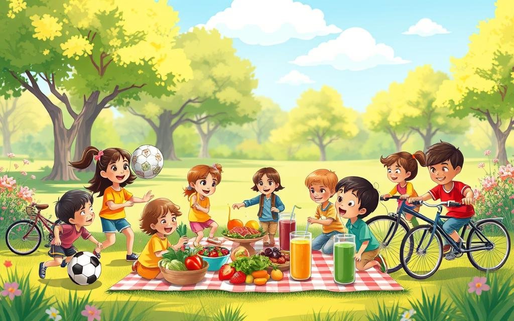 A vibrant and engaging illustration depicting the importance of healthy habits for children. In the foreground, a diverse group of children aged 5-10 are joyfully participating in various healthy activities such as playing soccer, riding bicycles, and eating fruits and vegetables. The middle ground features a colorful picnic setup with healthy foods like salads and smoothies, inviting a sense of community and nourishment. In the background, a sunny park setting with trees, flowers, and a clear blue sky adds to the uplifting atmosphere. Soft, natural lighting enhances the cheerful mood, while a shallow depth of field keeps the focus on the children. The scene embodies joy, health, and the sense of togetherness that supports the development of healthy habits from a young age.