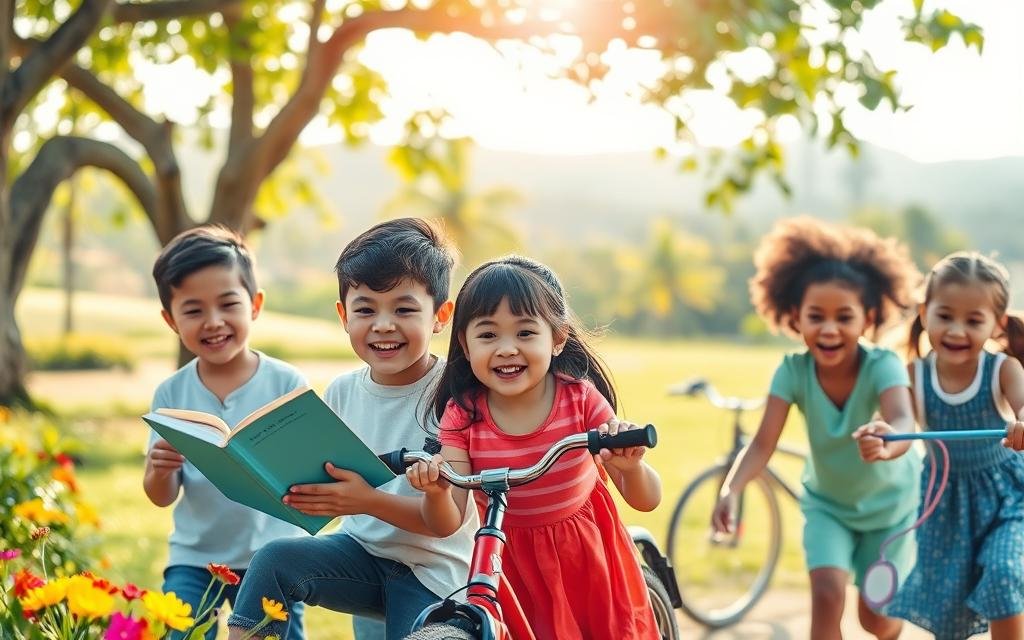 A vibrant and engaging scene depicting the positive influence of healthy habits on children's mental and physical growth. In the foreground, a diverse group of children aged 6-10 is joyfully participating in various activities: one child is reading a book under a tree, another is riding a bicycle, while a third plays with a skipping rope. In the middle ground, a park setting with lush greenery and colorful flowers creates a lively atmosphere. The background features a sunny sky and distant hills, accentuating a sense of openness and freedom. Soft, warm lighting enhances the cheerful mood. The image should feel energetic and inspiring, highlighting the benefits of an active and engaged lifestyle for young children. Use a wide-angle lens to capture the entire scene in a dynamic way.