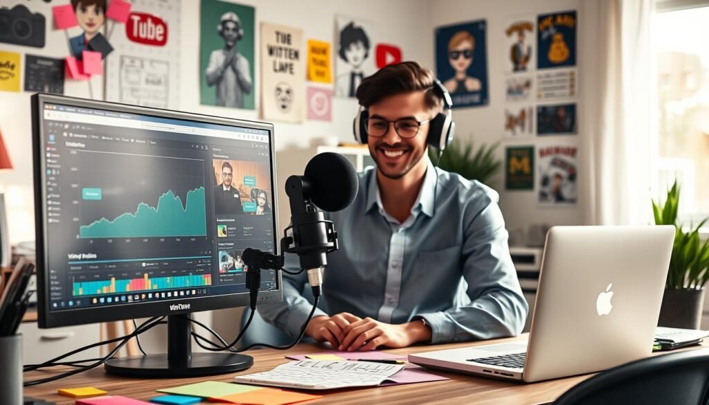 A vibrant and engaging workspace scene depicting the concept of making money on YouTube without showing one's face. In the foreground, a computer screen displays analytics and video editing software, surrounded by colorful notes and a microphone. In the middle, a person in professional casual attire is focused on work, wearing headphones and smiling while working on their videos, but not revealing their face. The background illustrates a cozy home office with posters and decorations related to video creation, all beautifully lit with soft, natural light streaming through a window, creating an inspiring and motivational atmosphere. The overall mood of the image is productive and creative, inviting beginners to explore their potential on YouTube.