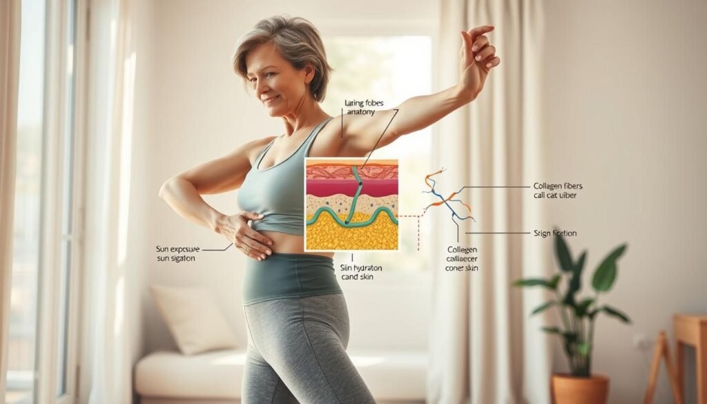 A visually striking illustration representing the causes of skin laxity, focusing on a healthy lifestyle theme. In the foreground, depict a middle-aged woman in modest activewear, performing gentle stretching exercises that highlight her toned physique. In the middle layer, portray simplified anatomical illustrations showcasing skin layers, collagen fibers, and factors like aging, sun exposure, and hydration that contribute to skin sagging. The background features a serene home environment with soft natural light filtering through a window, enhancing the sense of calm and wellness. Use a warm color palette to evoke a positive atmosphere, while ensuring the overall composition is balanced and inviting, conveying hope and motivation for those seeking to improve their body tone and appearance.